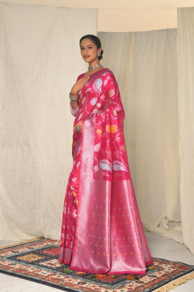 Image of Pure Banarasi Silk Silver Zari With Multi Color Meena Weaved Saree