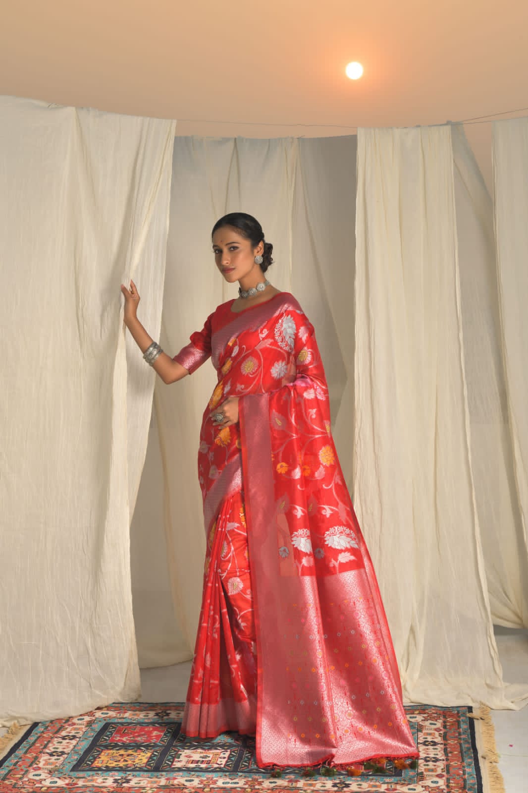 Pure Banarasi Silk Silver Zari With Multi Color Meena Weaved Saree