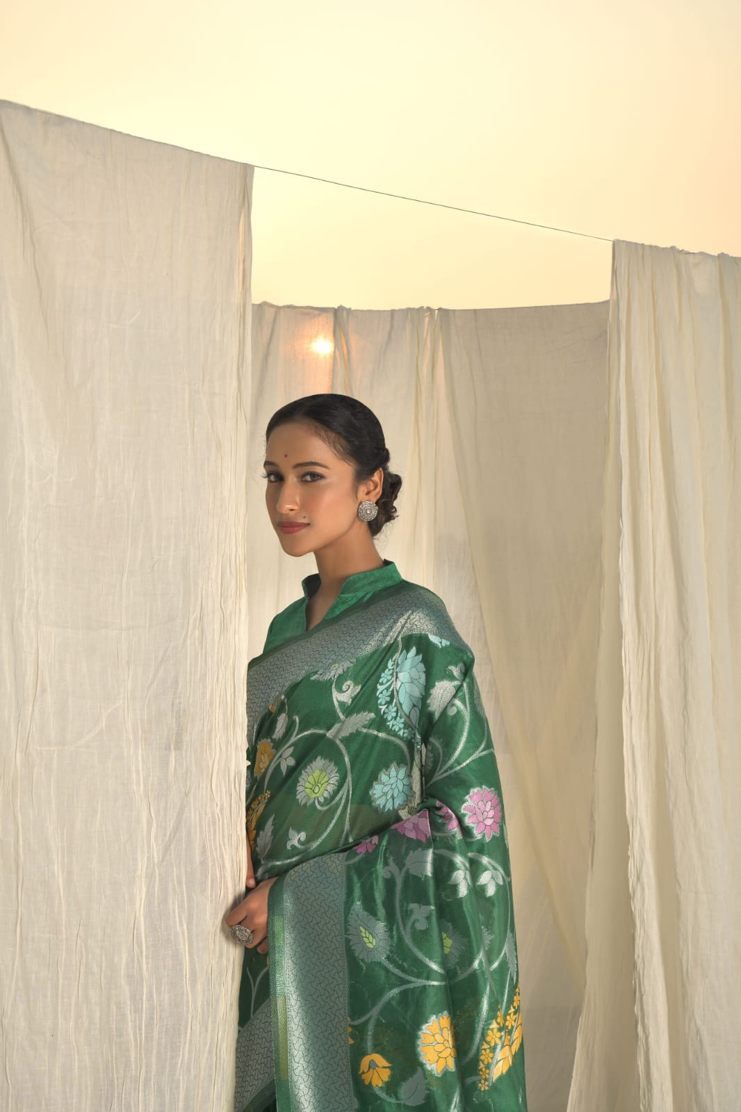 Pure Banarasi Silk Silver Zari With Multi Color Meena Weaved Saree