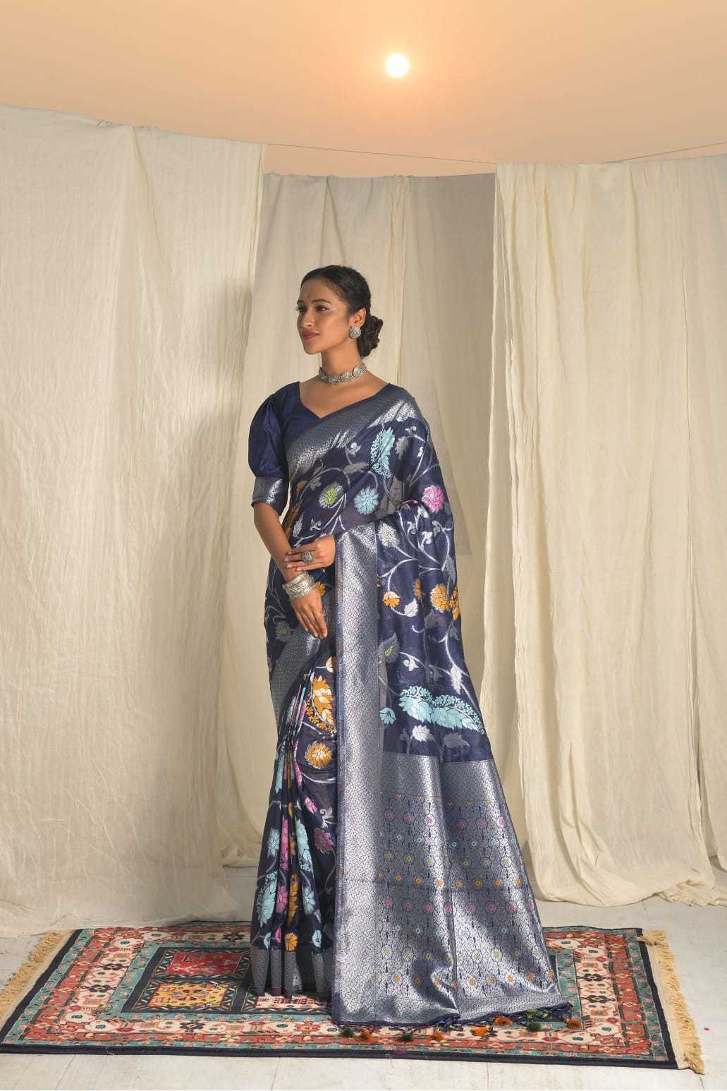 Pure Banarasi Silk Silver Zari With Multi Color Meena Weaved Saree