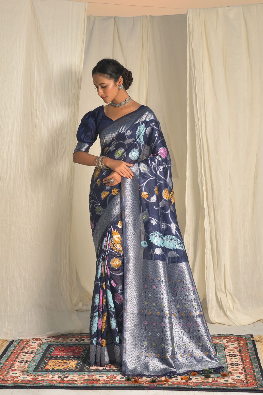 Pure Banarasi Silk Silver Zari With Multi Color Meena Weaved Saree