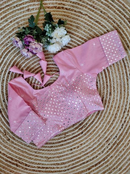 Image of Silk Embroidered Thread And Sequence Mirror Blouse Piece