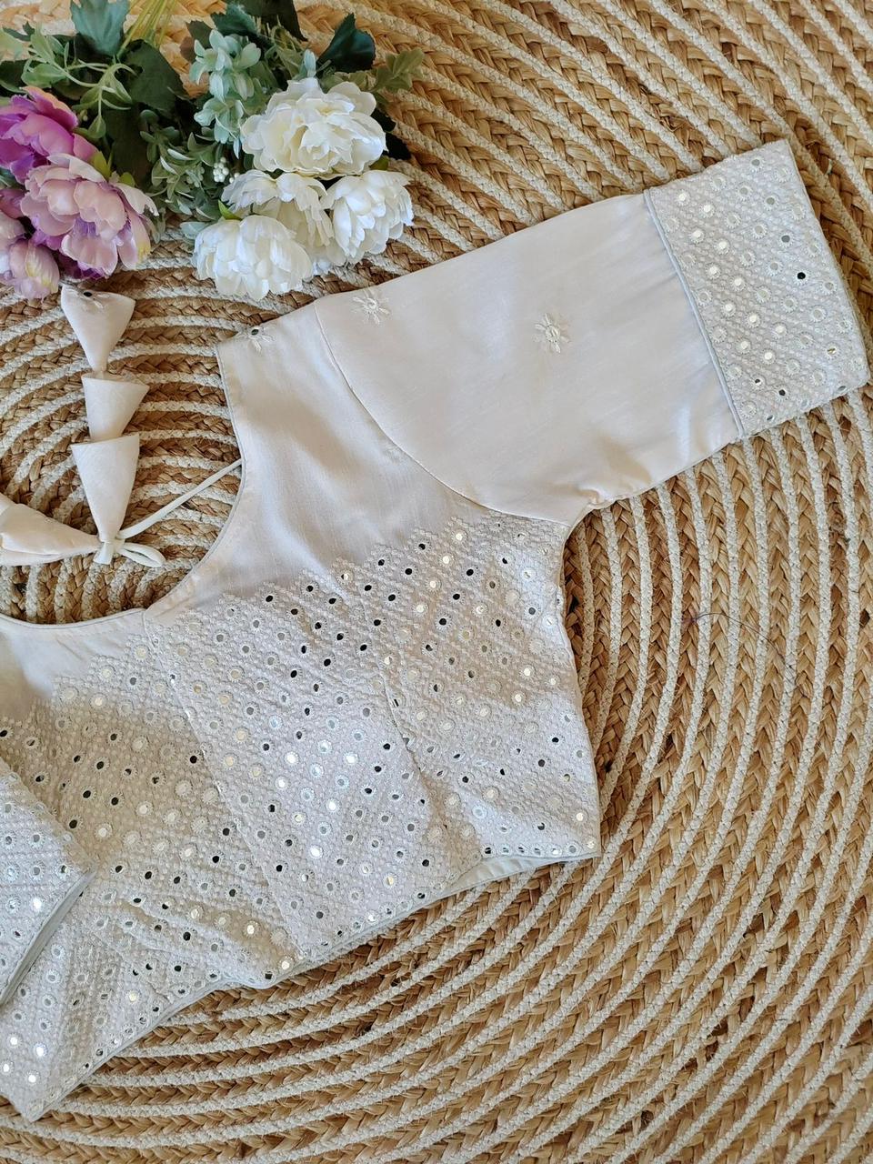 Silk Embroidered Thread And Sequence Mirror Blouse Piece