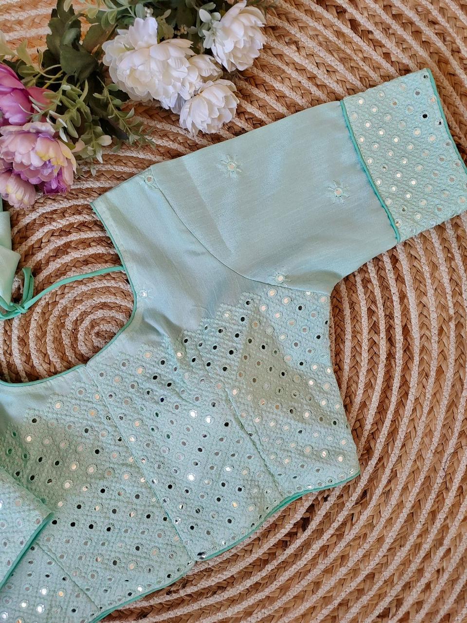 Silk Embroidered Thread And Sequence Mirror Blouse Piece