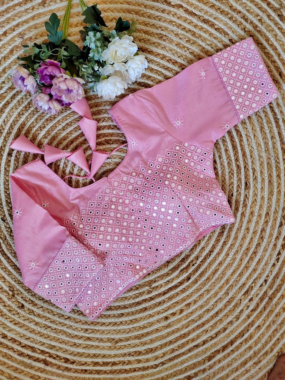 Silk Embroidered Thread And Sequence Mirror Blouse Piece