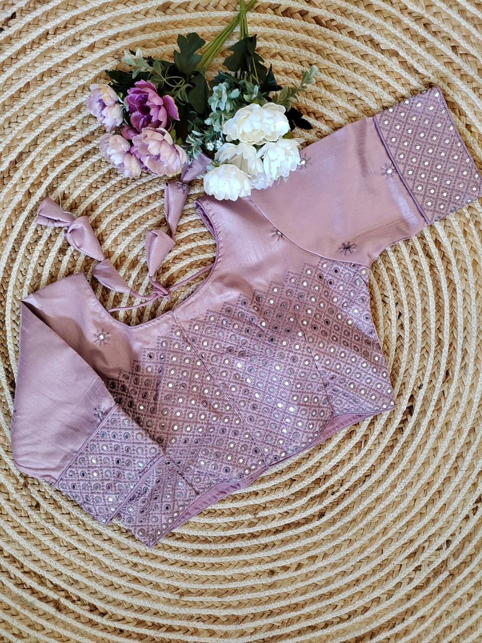 Silk Embroidered Thread And Sequence Mirror Blouse Piece