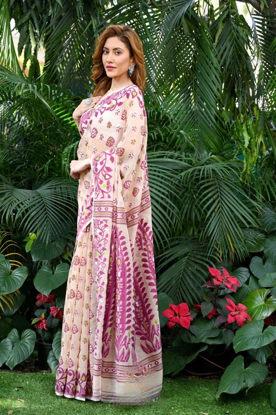 Cream Linen Cotton Slub Jamdani All Over Resham Weaved Saree