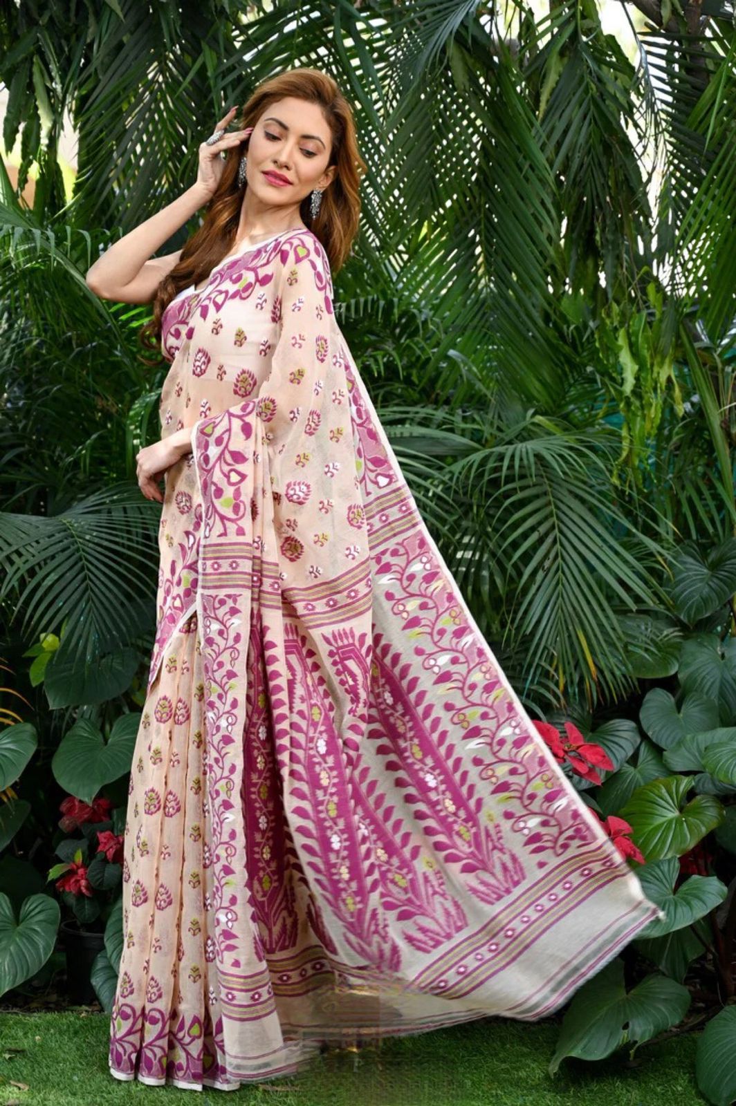 Cream Linen Cotton Slub Jamdani All Over Resham Weaved Saree