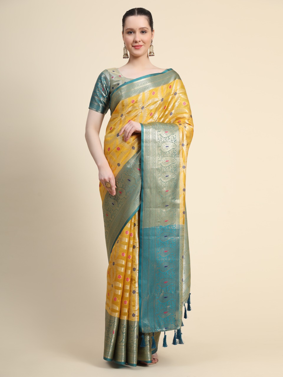 Organza Silk Cotton Touch Zari Meenakari Weaved Pallu And Border Saree