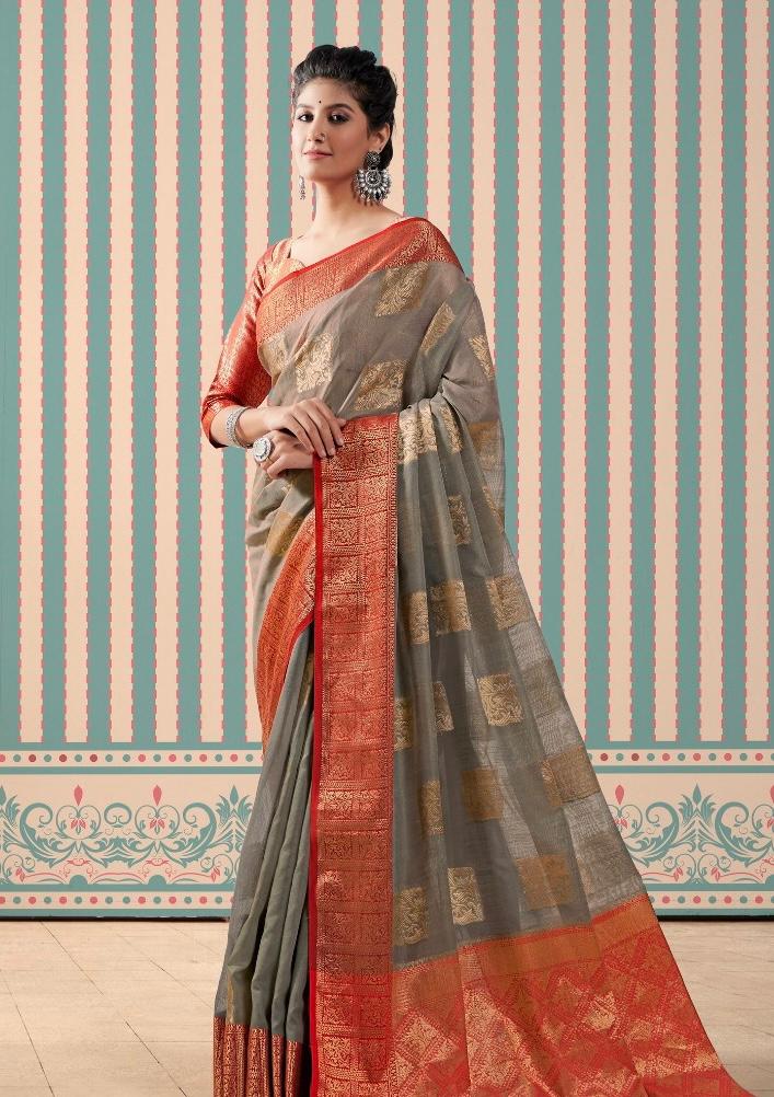 Pure Linen Gold Zari Weaved With Rich Pallu And Border Saree