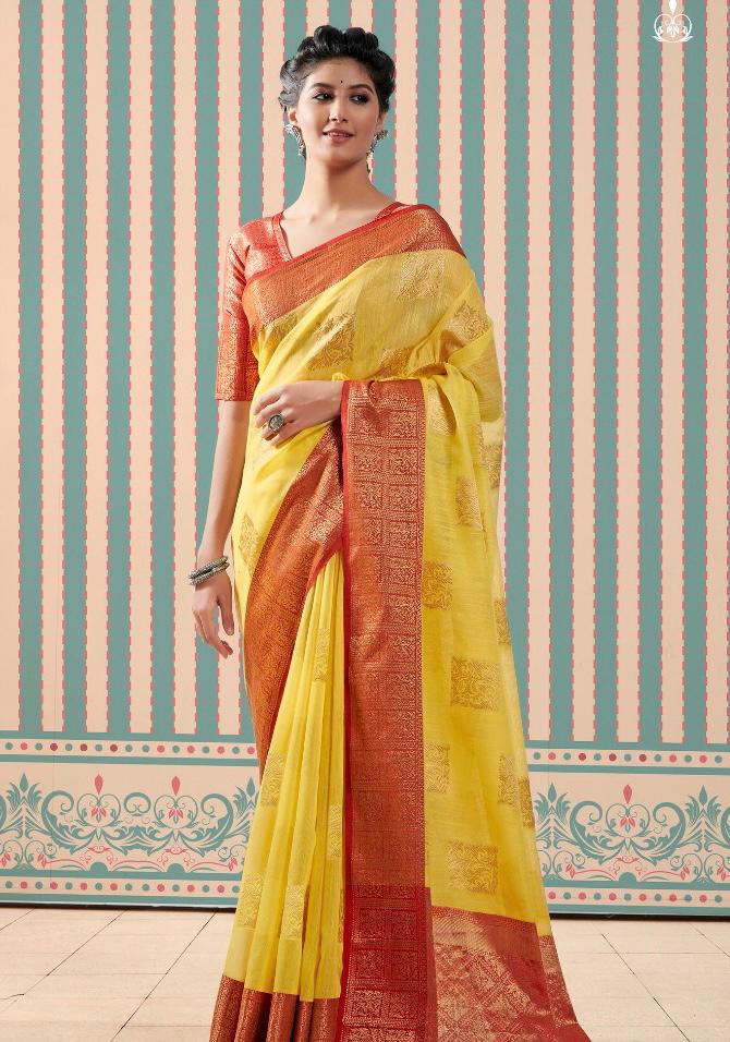 Pure Linen Gold Zari Weaved With Rich Pallu And Border Saree