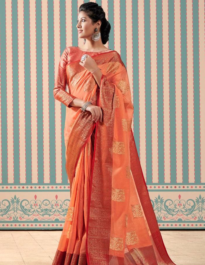 Pure Linen Gold Zari Weaved With Rich Pallu And Border Saree