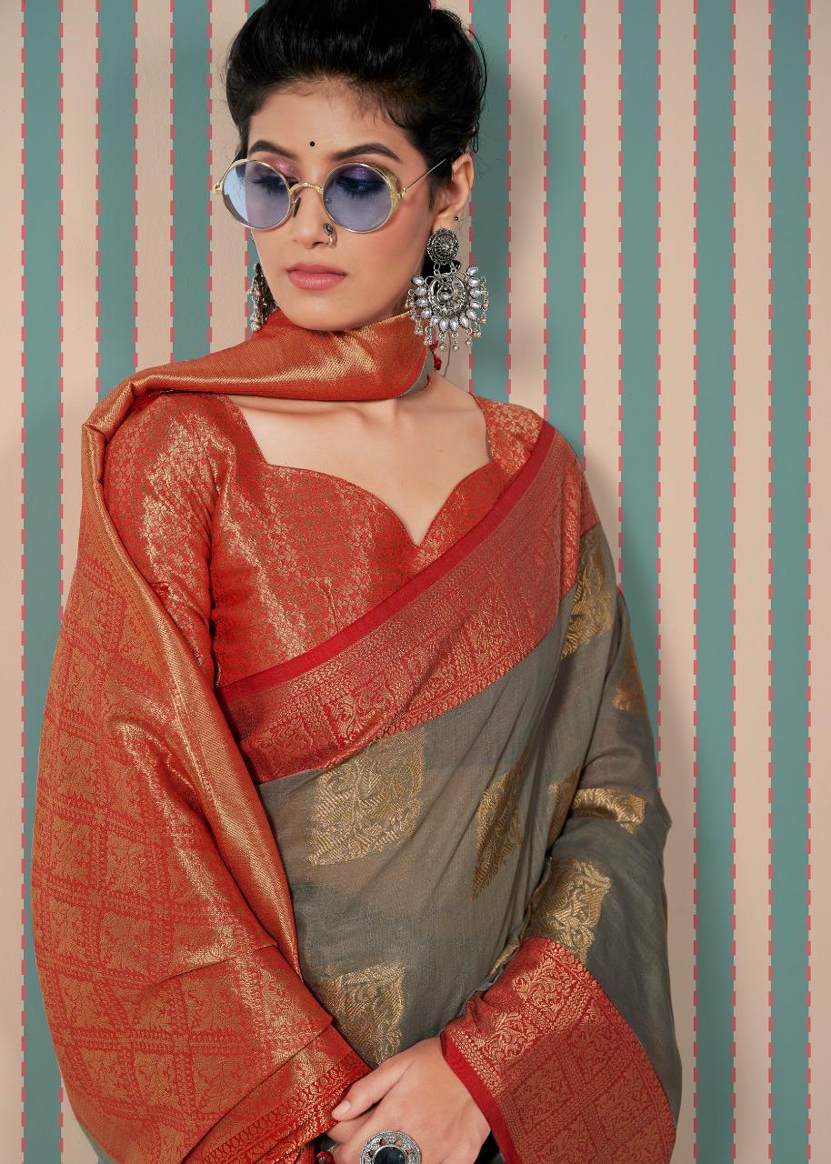 Pure Linen Gold Zari Weaved With Rich Pallu And Border Saree