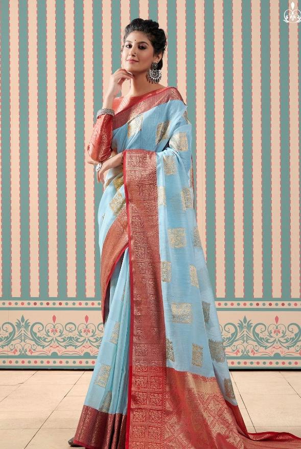 Pure Linen Gold Zari Weaved With Rich Pallu And Border Saree