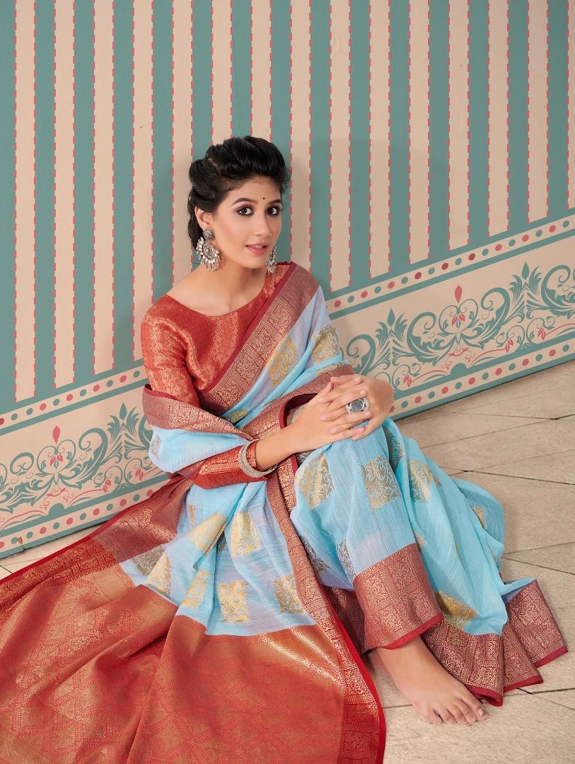 Pure Linen Gold Zari Weaved With Rich Pallu And Border Saree