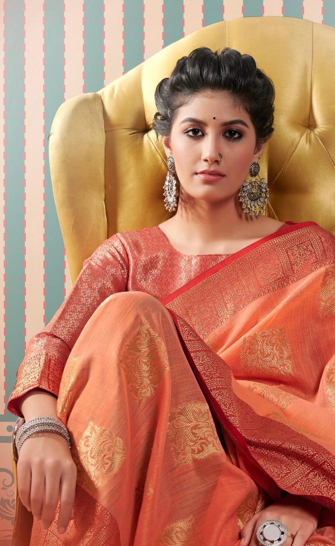 Pure Linen Gold Zari Weaved With Rich Pallu And Border Saree