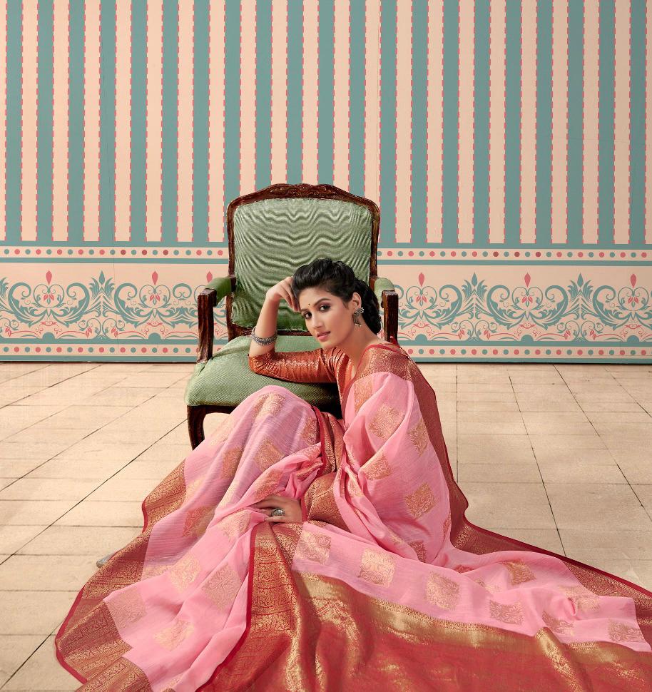 Pure Linen Gold Zari Weaved With Rich Pallu And Border Saree