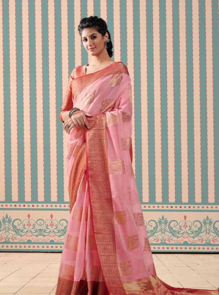 Pure Linen Gold Zari Weaved With Rich Pallu And Border Saree