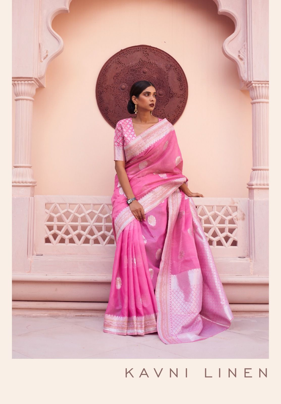 Pure Linen Handloom Copper And Silver Zari Weaved Saree