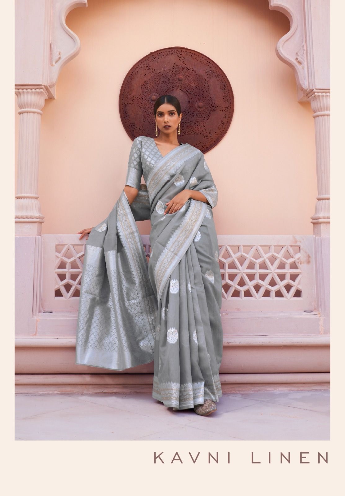 Pure Linen Handloom Copper And Silver Zari Weaved Saree
