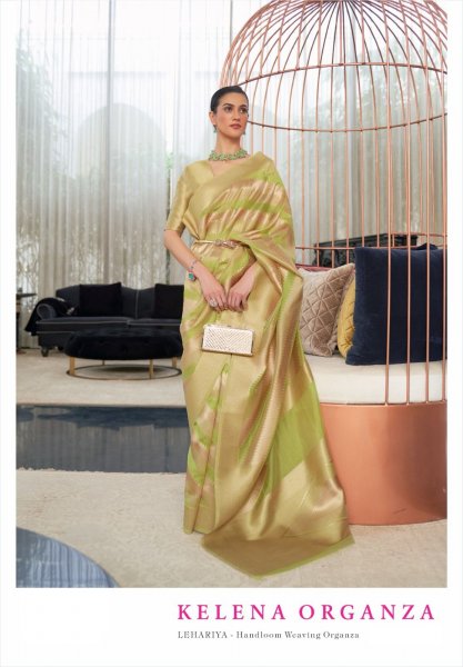 Image of Pure Handloom Organza Zari Lehariya Weaved Rich Zari Pallu Saree