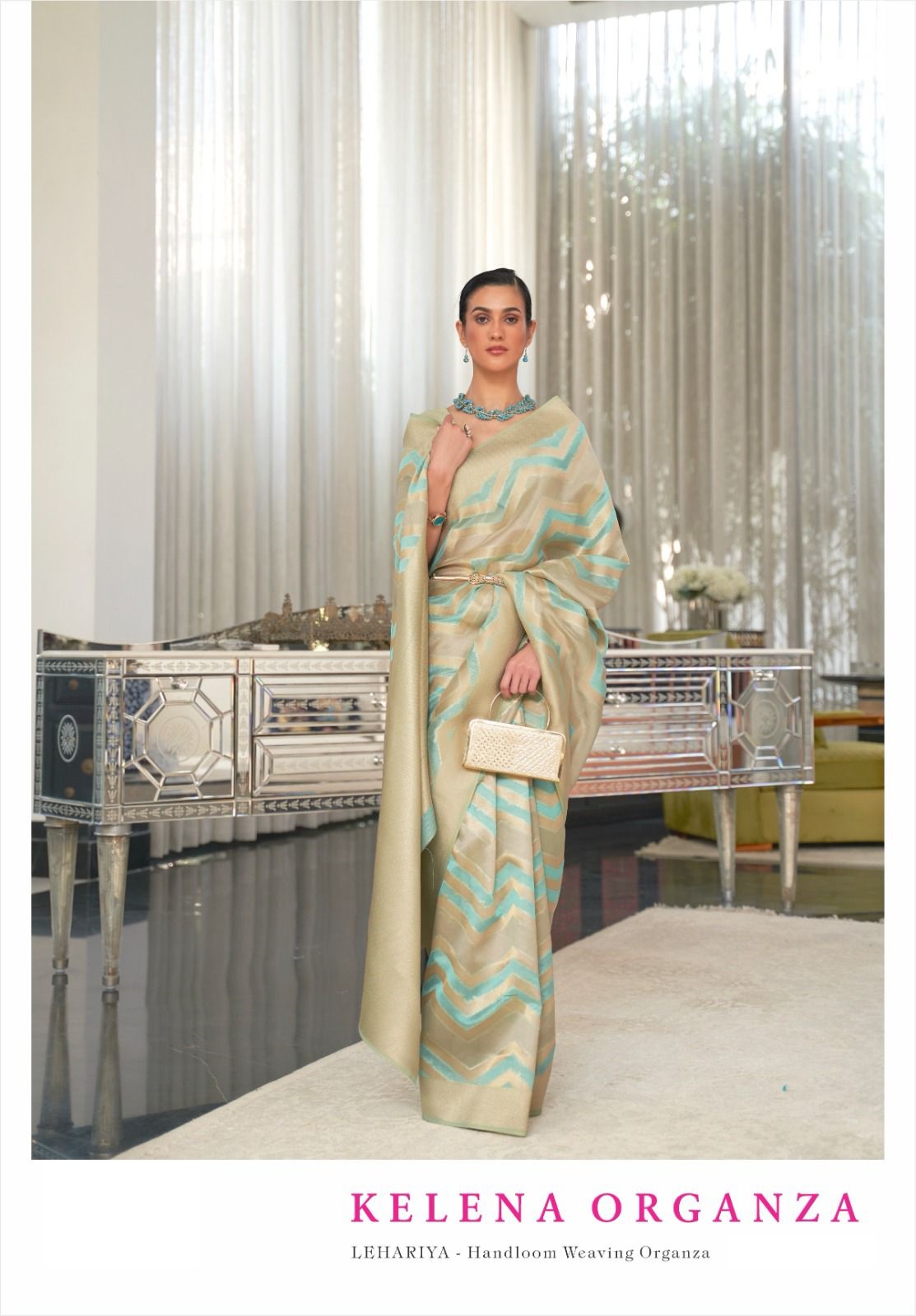 Pure Handloom Organza Zari Lehariya Weaved Rich Zari Pallu Saree