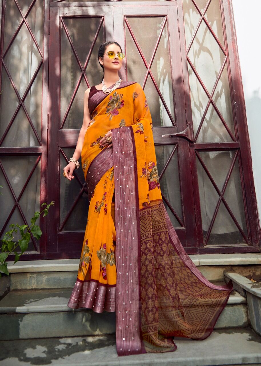 Pure Linen Organza Digital Printed Saree With Silver Zari Glass Border