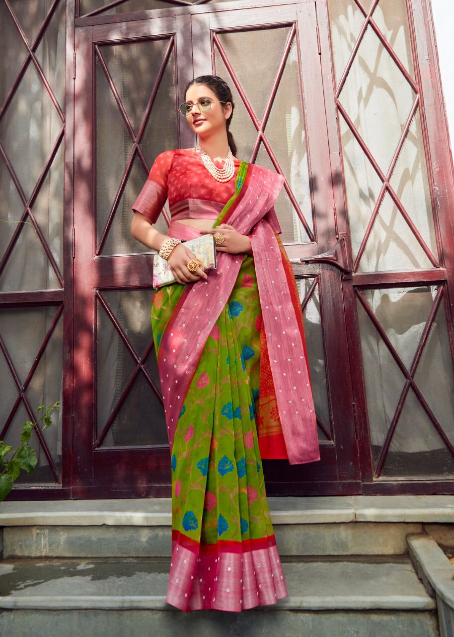 Pure Linen Organza Digital Printed Saree With Silver Zari Glass Border