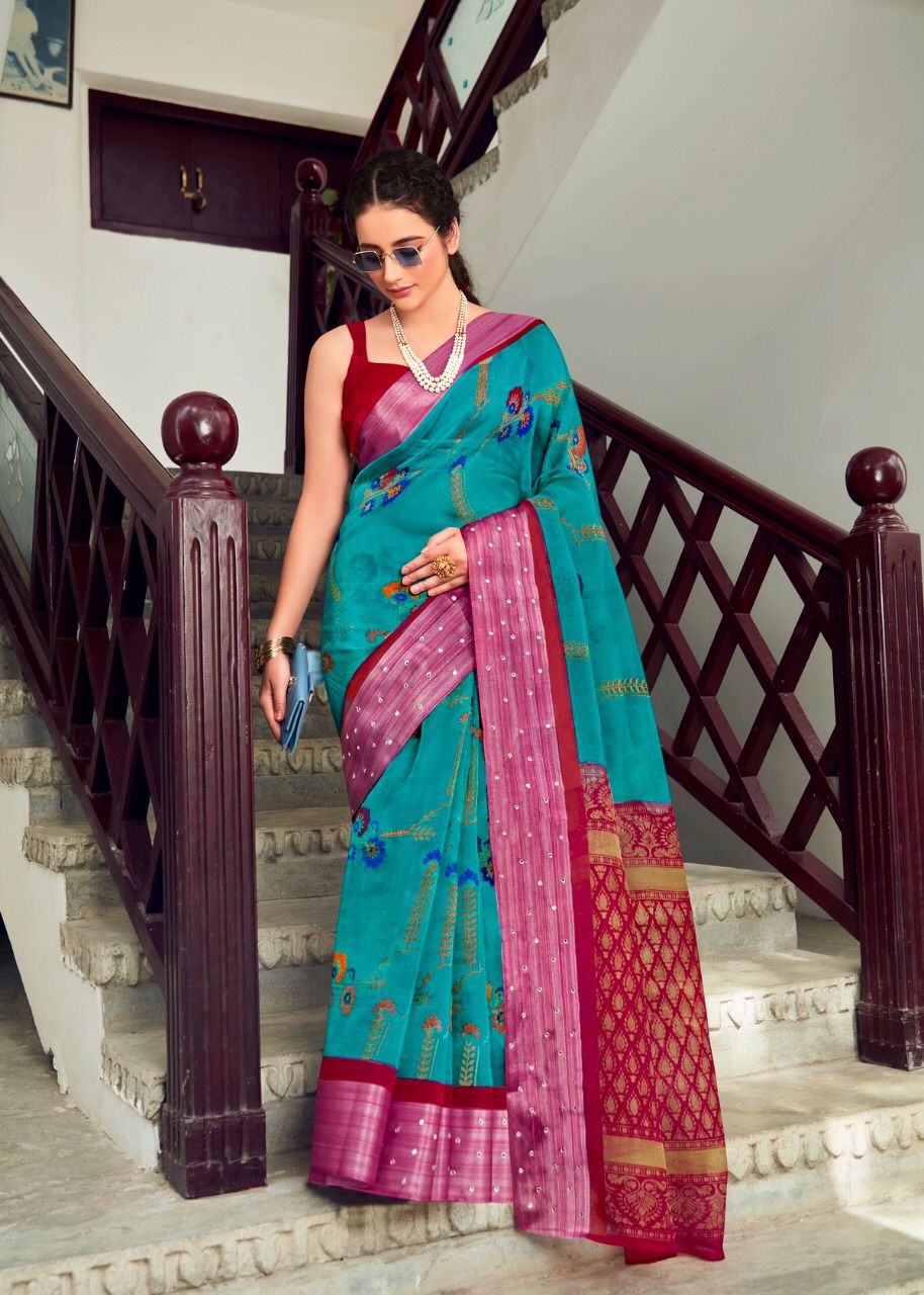 Pure Linen Organza Digital Printed Saree With Silver Zari Glass Border