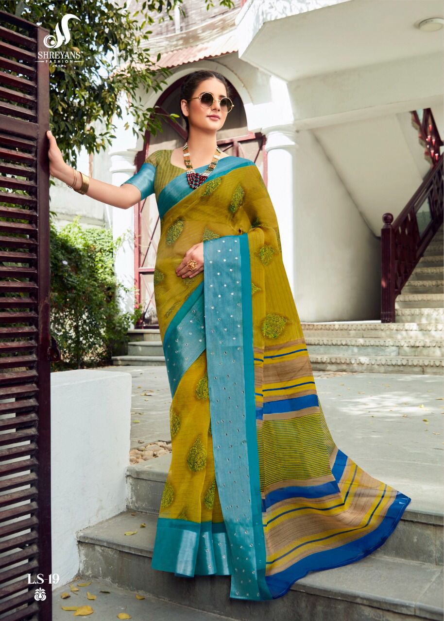 Pure Linen Organza Digital Printed Saree With Silver Zari Glass Border
