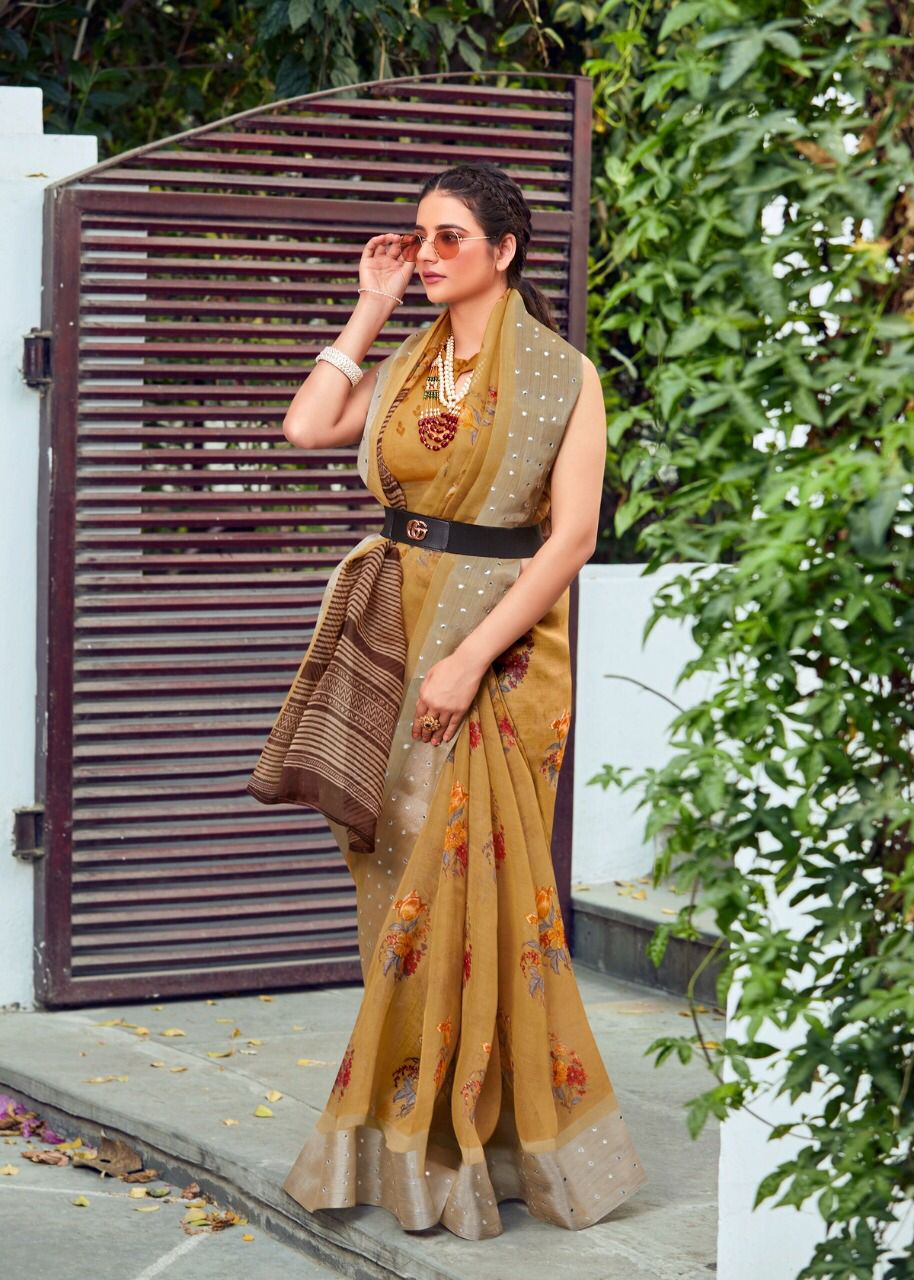 Pure Linen Organza Digital Printed Saree With Silver Zari Glass Border