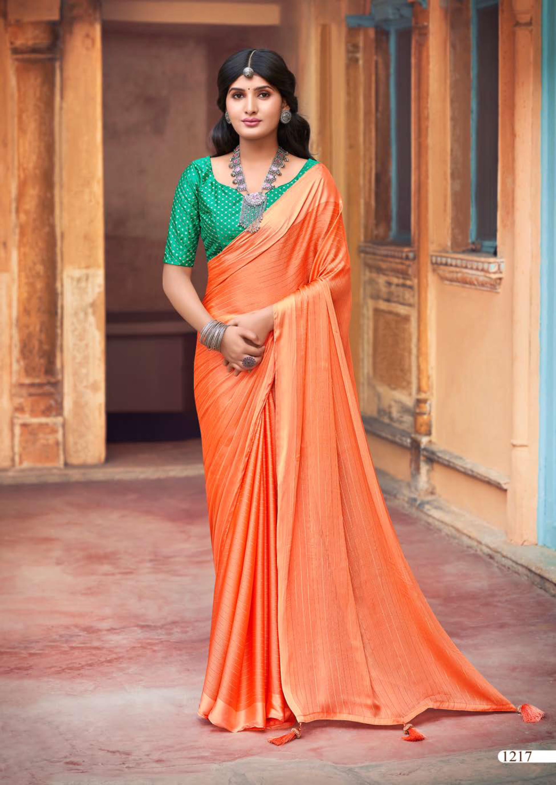 Satin Silk All Over Zari Embroidery Stripe Borderless Saree