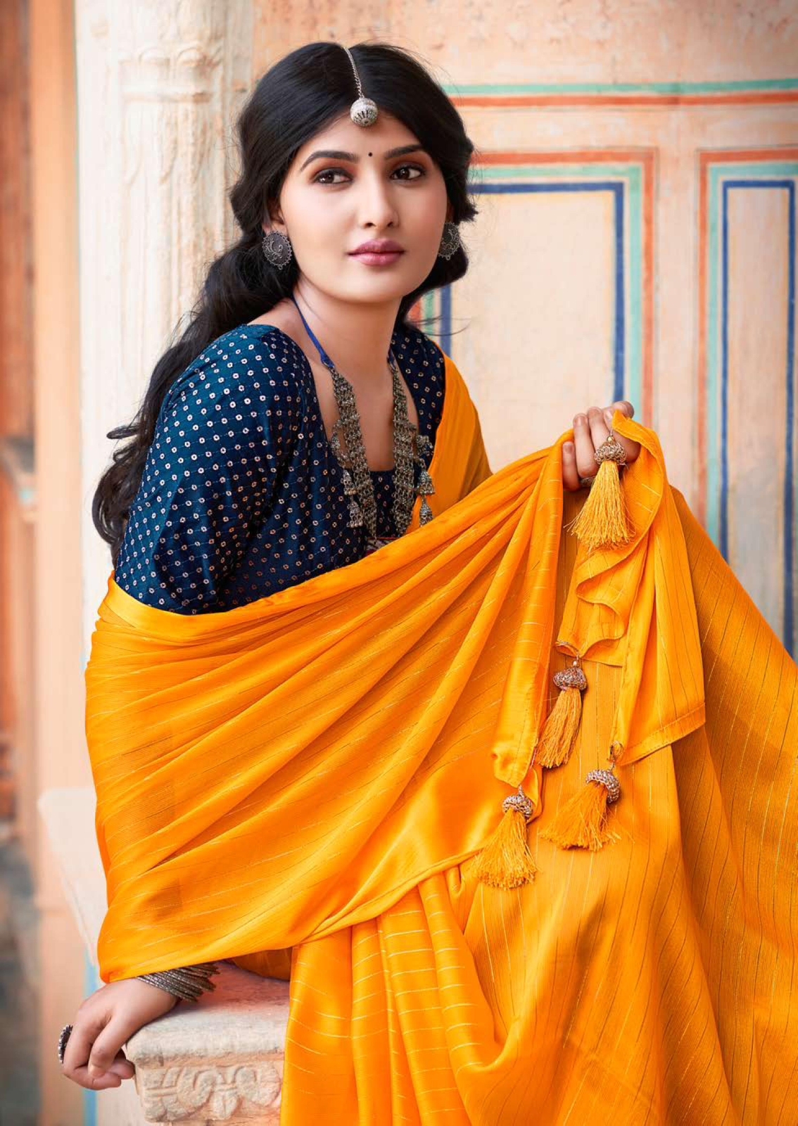 Satin Silk All Over Zari Embroidery Stripe Borderless Saree