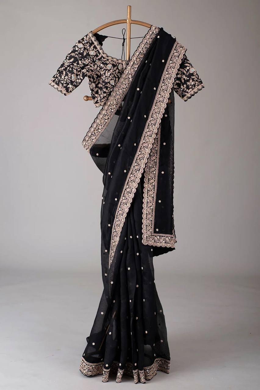 Pure Organza Silk Embroidery With Sequence Work Saree