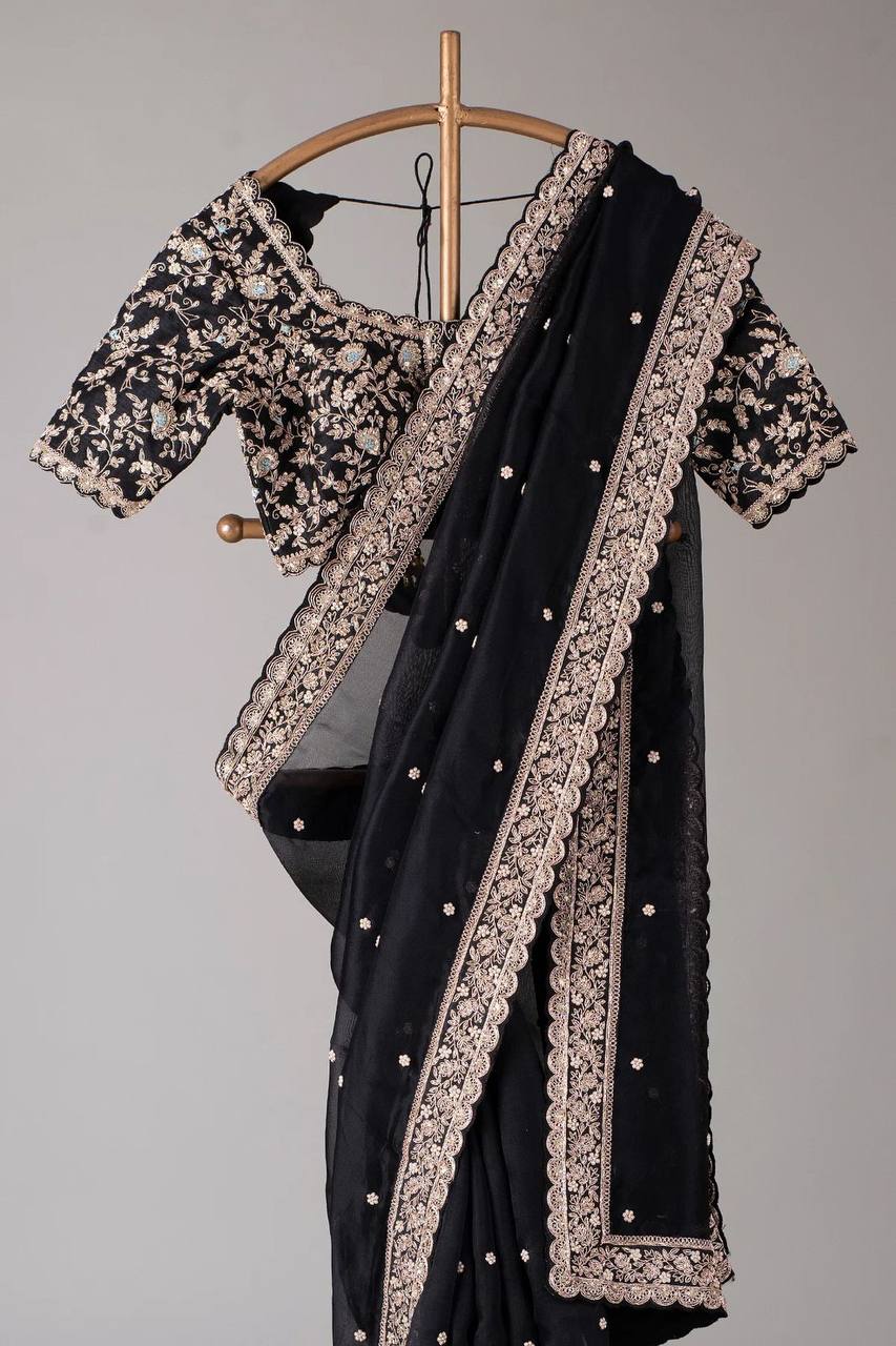 Pure Organza Silk Embroidery With Sequence Work Saree