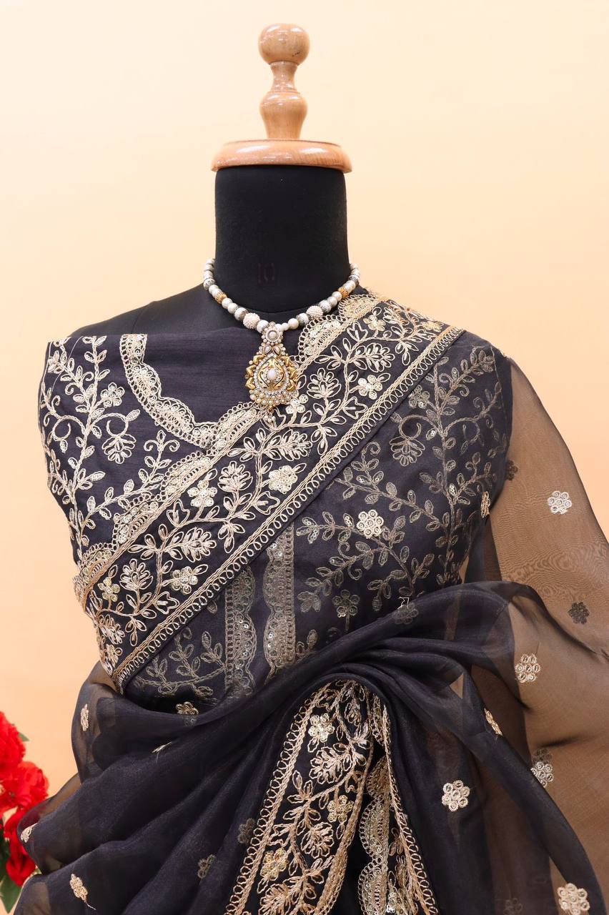 Pure Organza Silk Embroidery With Sequence Work Saree