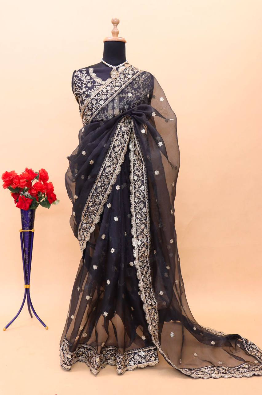 Pure Organza Silk Embroidery With Sequence Work Saree