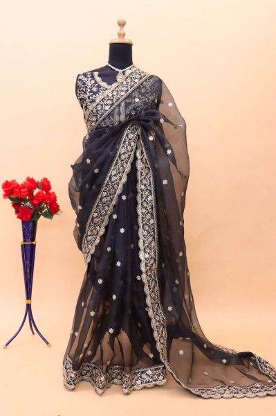 Image of Pure Organza Silk Embroidery With Sequence Work Saree