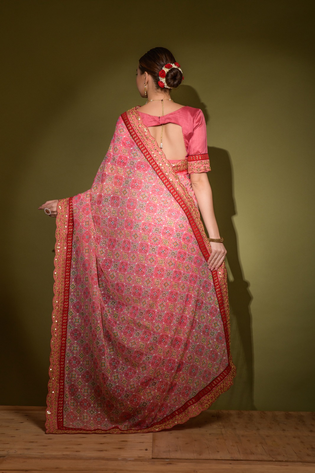 Georgette Chiffon Patola Print Embroidery Sequence Work Lace Border Saree