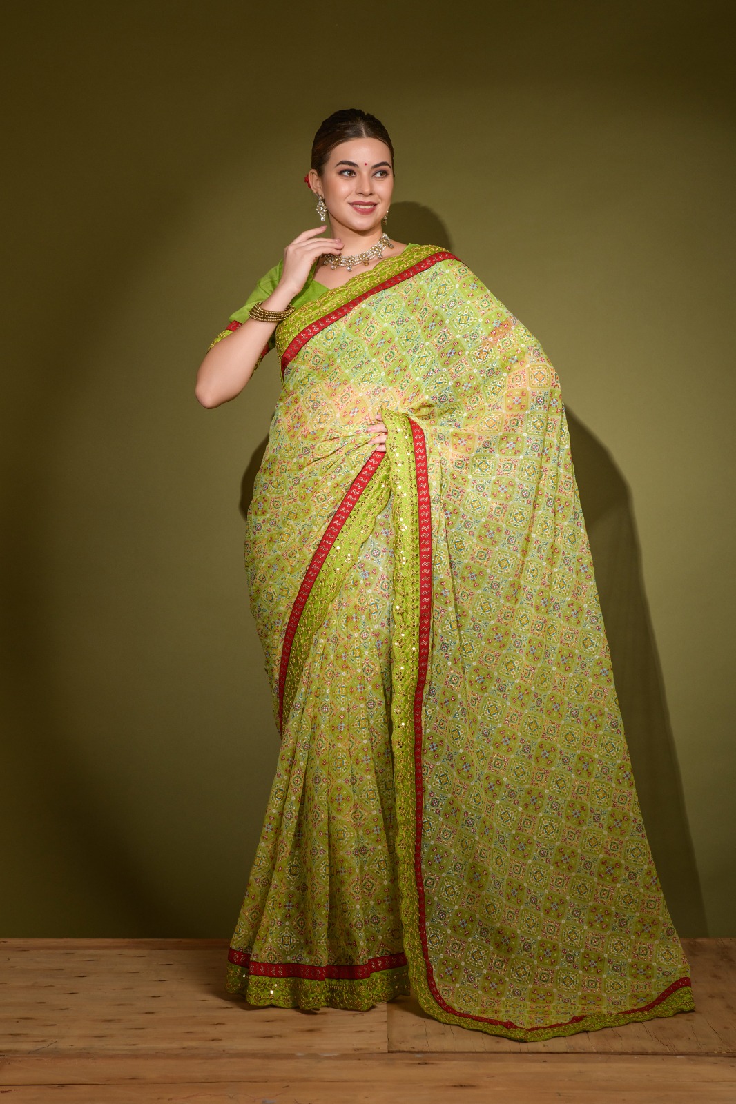 Georgette Chiffon Patola Print Embroidery Sequence Work Lace Border Saree