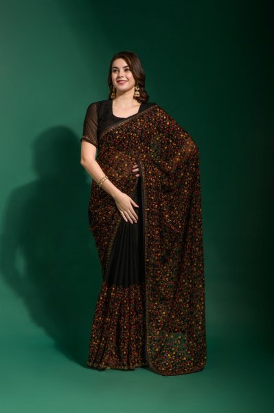 Image of Georgette All Over Multi Color Embroidery With Swarovski Diamond Saree
