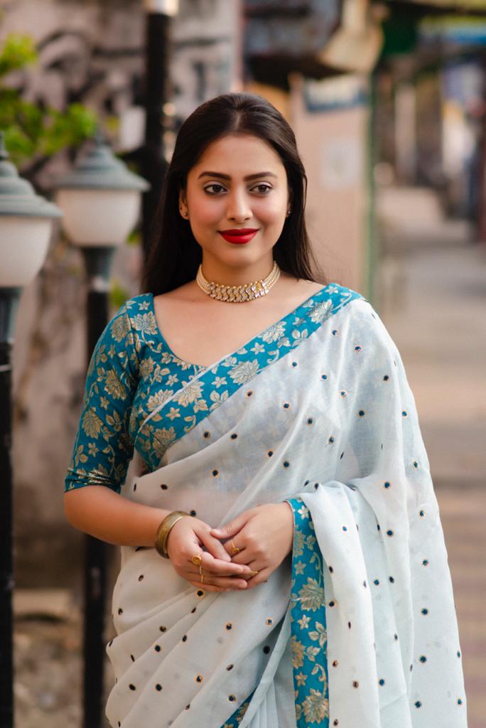 Pure Linen All Over Sequence Embroidery Booti Saree