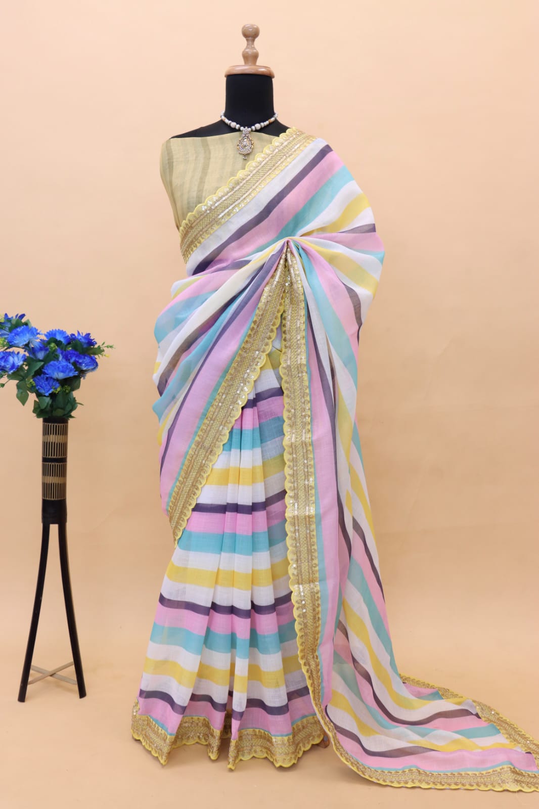Pure Linen Digital Printed Coding Sequence Lace Work Border Saree