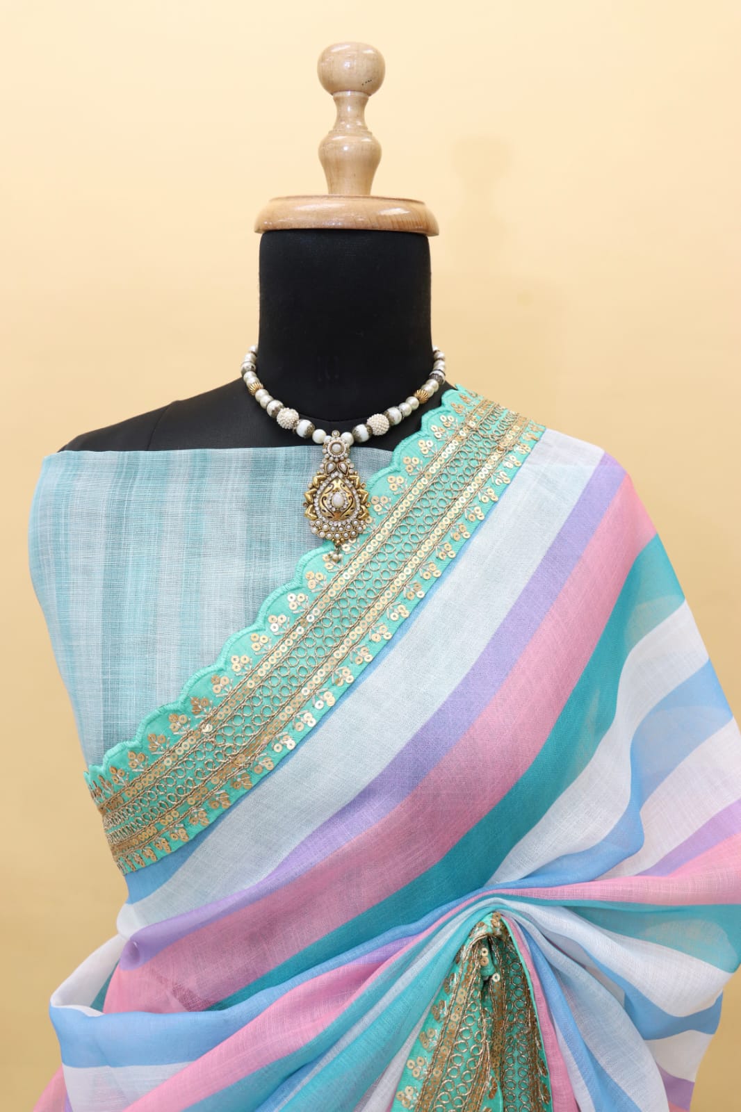 Pure Linen Digital Printed Coding Sequence Lace Work Border Saree