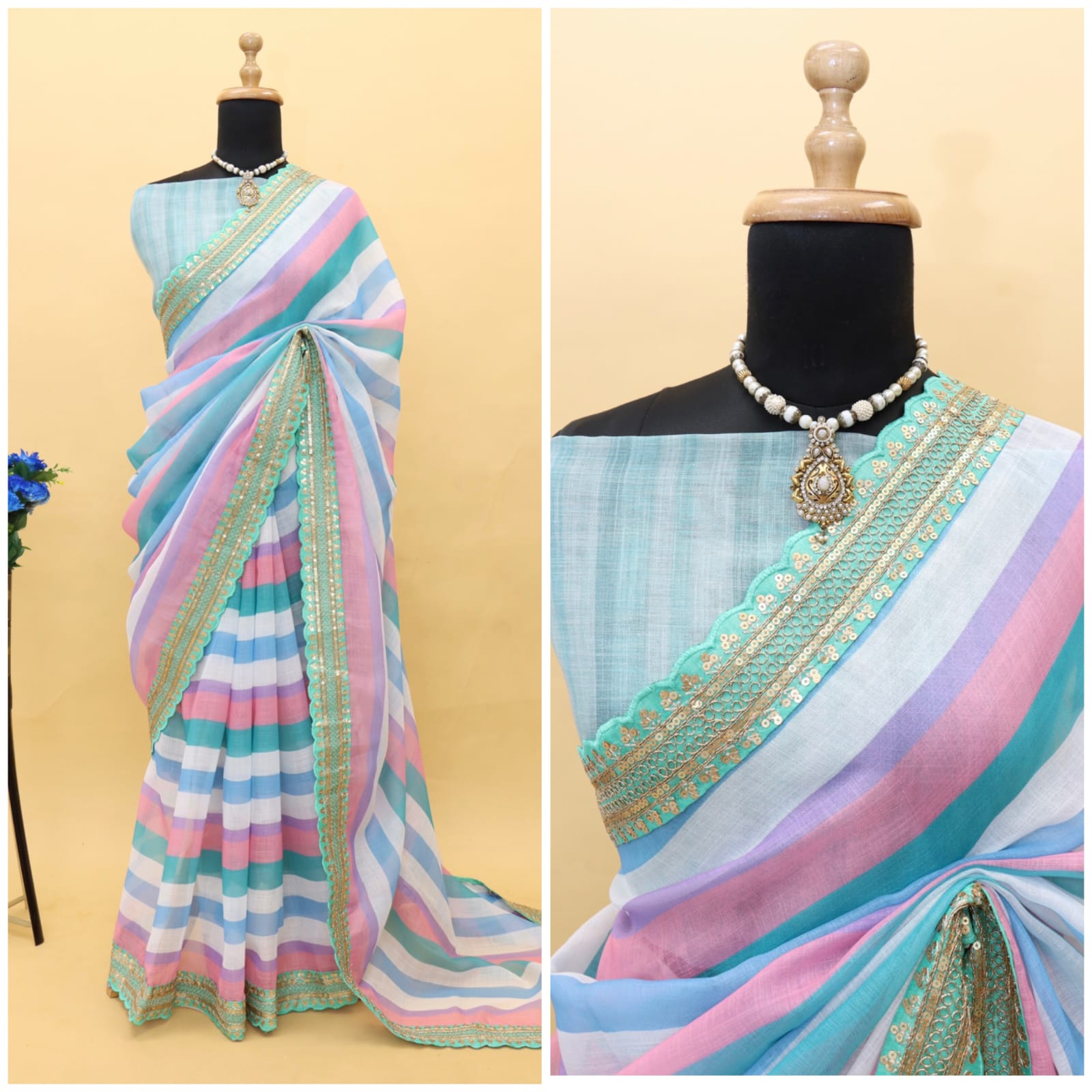 Pure Linen Digital Printed Coding Sequence Lace Work Border Saree
