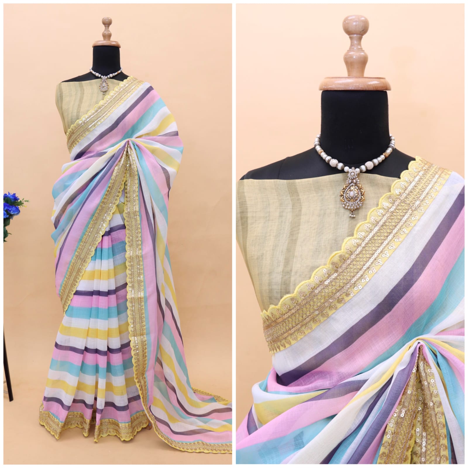 Pure Linen Digital Printed Coding Sequence Lace Work Border Saree