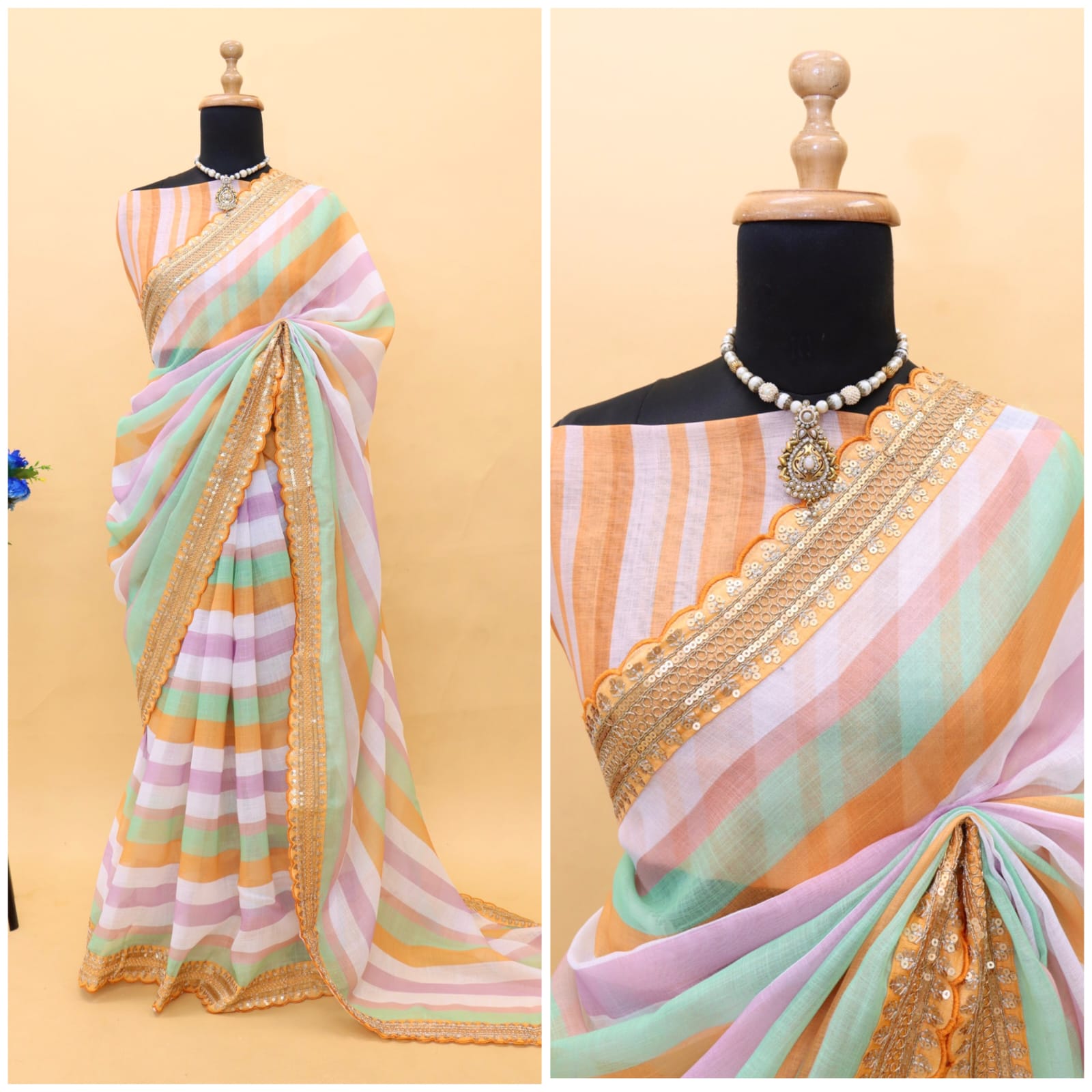 Pure Linen Digital Printed Coding Sequence Lace Work Border Saree