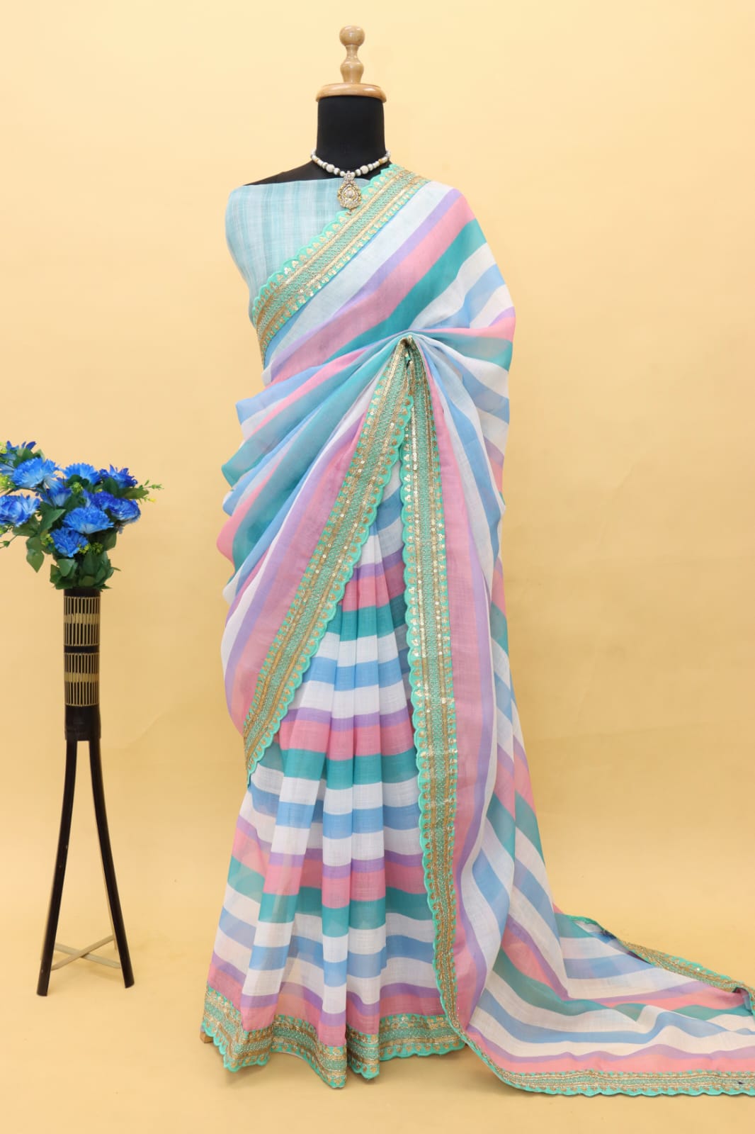 Pure Linen Digital Printed Coding Sequence Lace Work Border Saree