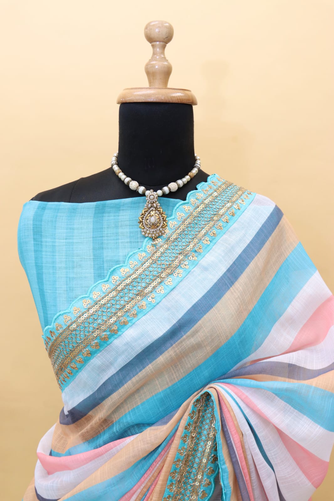 Pure Linen Digital Printed Coding Sequence Lace Work Border Saree