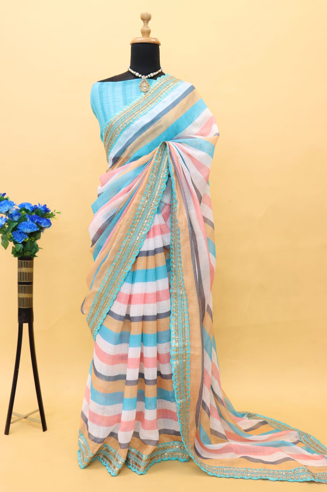Pure Linen Digital Printed Coding Sequence Lace Work Border Saree